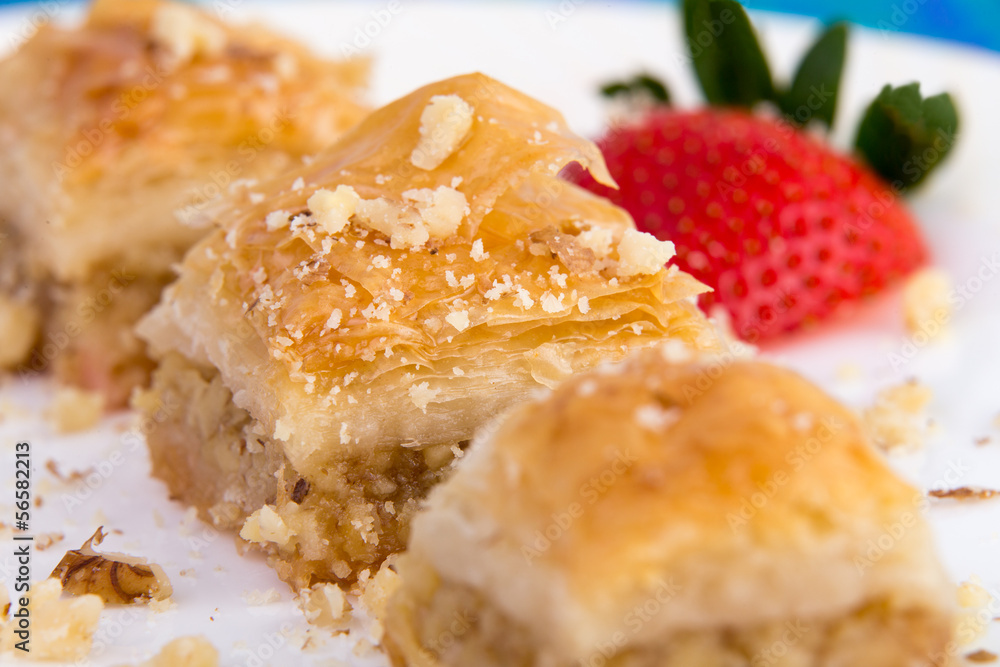 Three Pieces of Golden Color Walnut Baklava Three Pieces of Golden Color Walnut Baklava