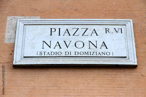 marble road sign with an indication of the Piazza Navona in Rome