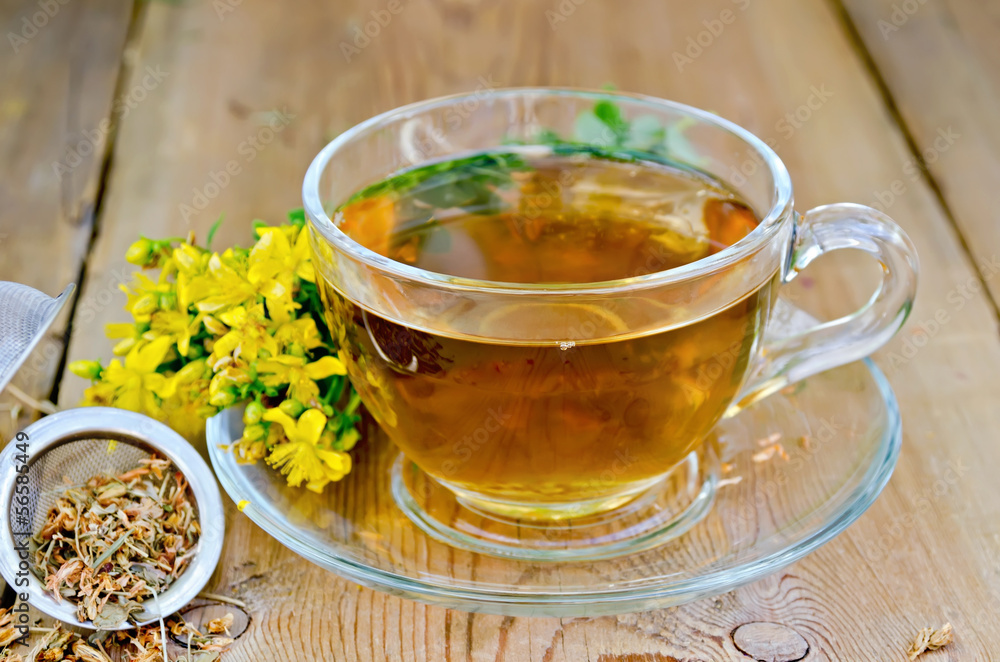 Herbal tea from tutsan in strainer with cup Herbal tea from tutsan in strainer with cup