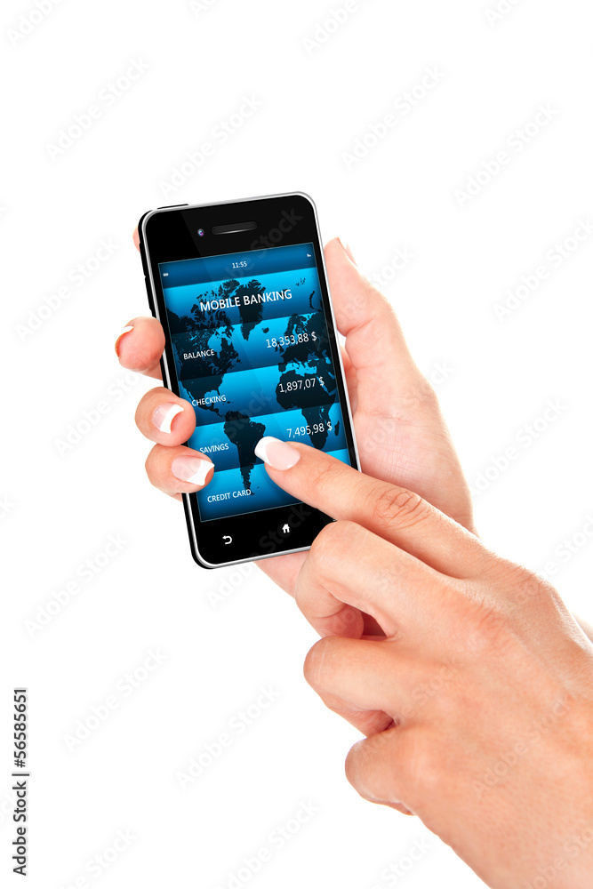 hand holding mobile phone with bank account screen over white hand holding mobile phone with bank account screen over white