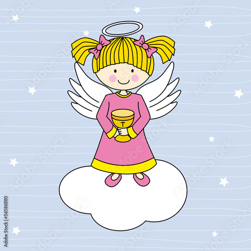 Girl first communion. Angel on a cloud