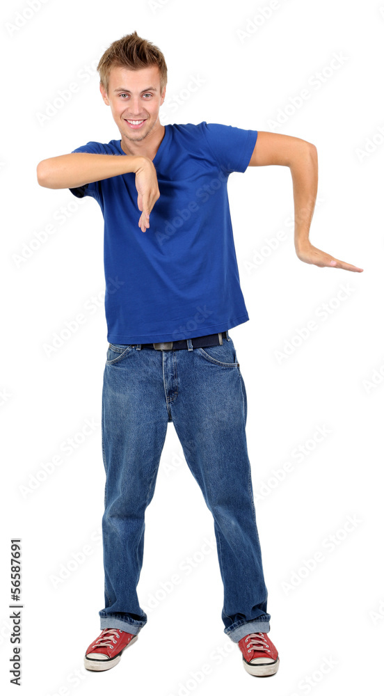 Handsome young man dancing isolated on white Handsome young man dancing isolated on white