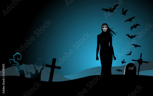 Halloween background with woman ghost