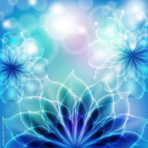 Abstract transparent flowers against the sky with patches of sun