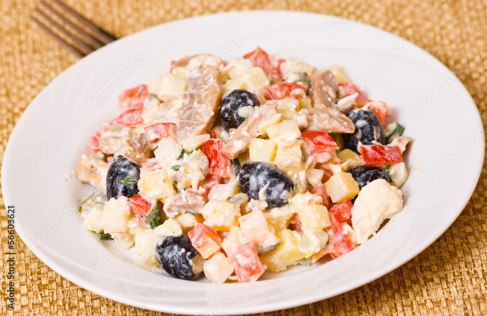 Fresh vegetable salad with mushrooms and olives Fresh vegetable salad with mushrooms and olives