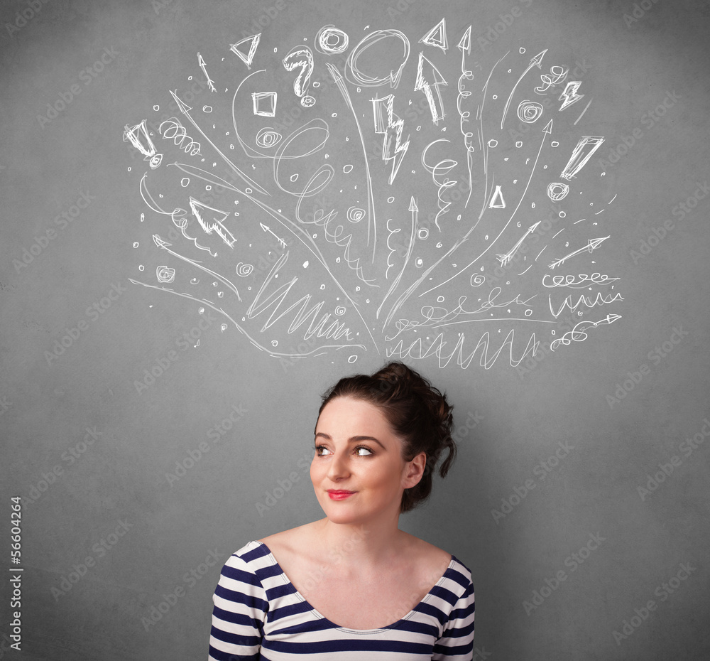 Young woman thinking with sketched arrows above her head Young woman thinking with sketched arrows above her head