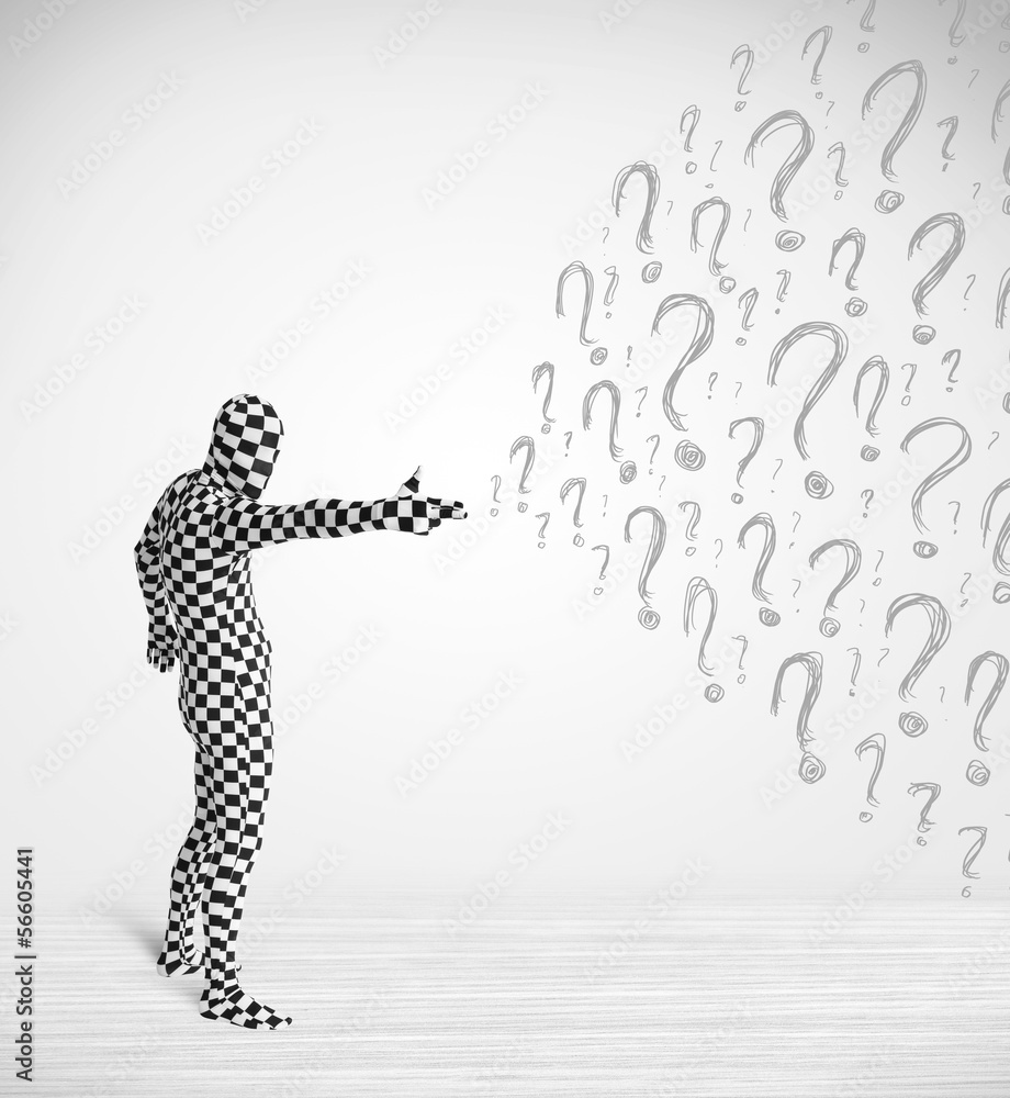 Fototapeta premium 3d human character is body suit looking at hand drawn question m