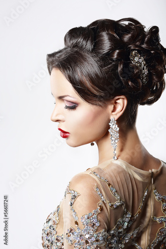 Classy Brown Hair Lady with Jewelry and Festive Hairstyle