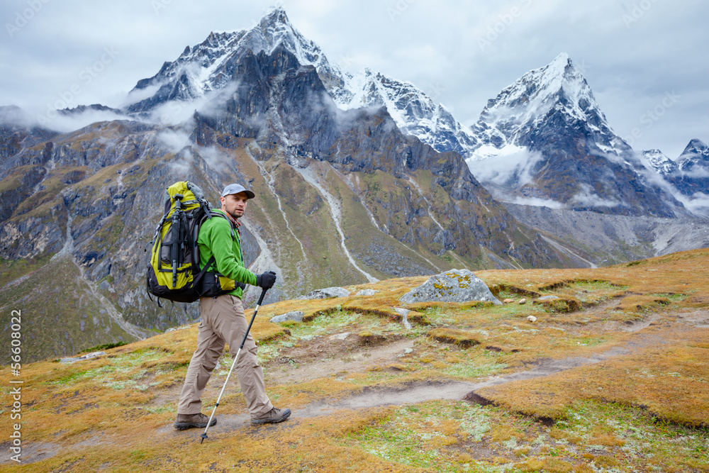 Hiker on the trek in Himalayas, Khumbu valley, Nepal