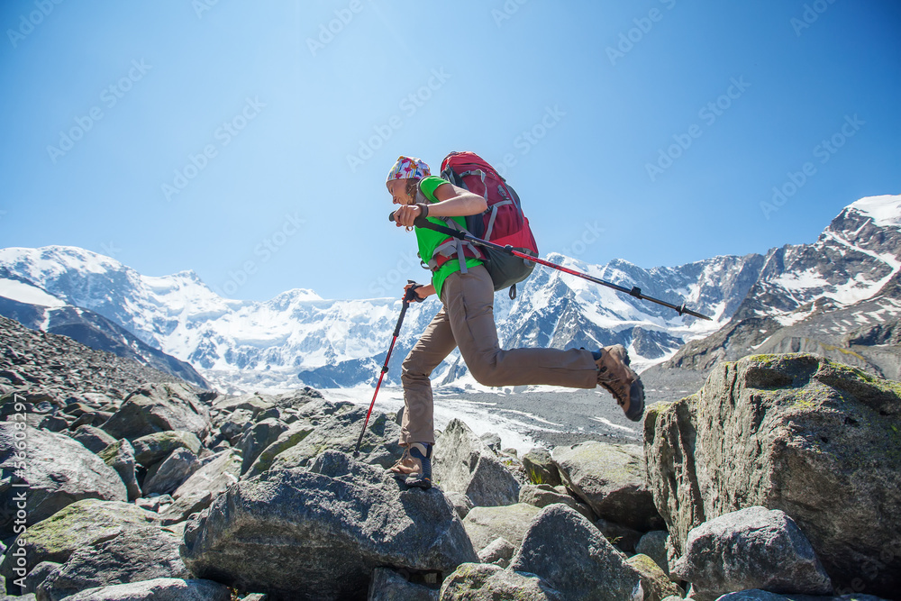 Hiker near Belukha Mountain, the highest in Siberia