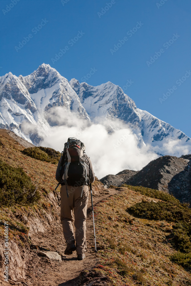 Hiker on the trek in Himalayas, Khumbu valley, Nepal