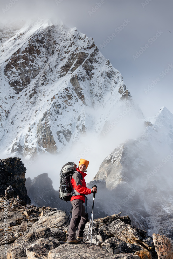 Hiker on the trek in Himalayas, Khumbu valley, Nepal Hiker on the trek in Himalayas, Khumbu valley, Nepal