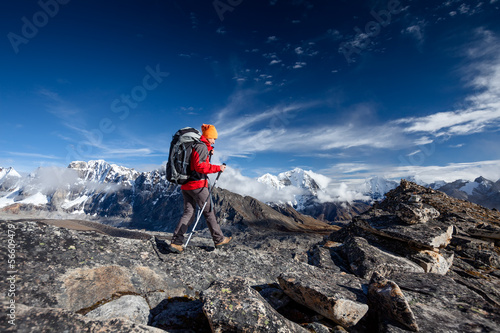 Hiker on the trek in Himalayas, Khumbu valley, Nepal