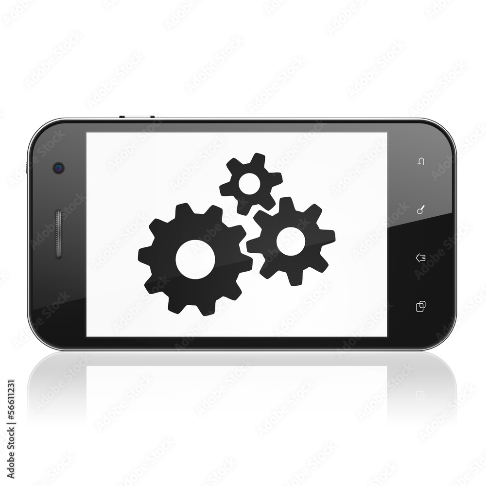 Advertising concept: Gears on smartphone Advertising concept: Gears on smartphone