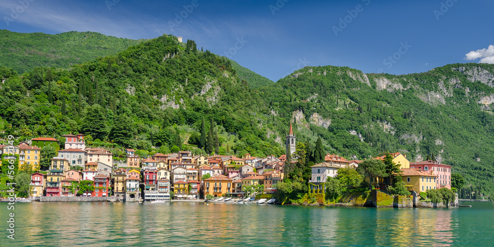 Frontal view of colorful town Varenna seen from Lake Como
