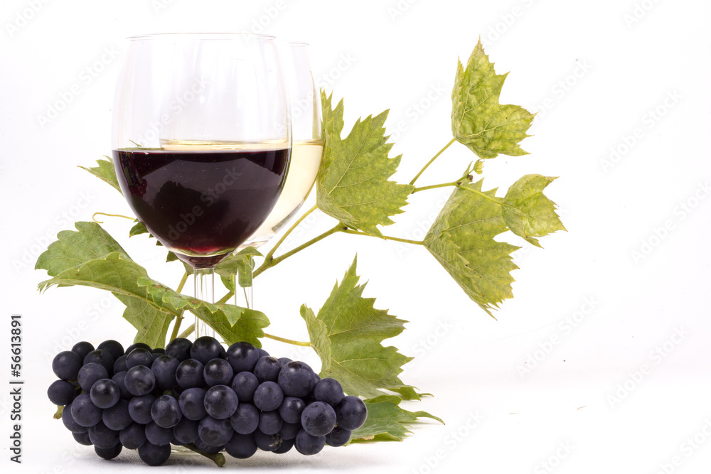 Glasses of wine and grapes on white