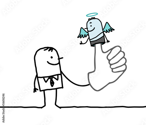 man with puppet angel on finger