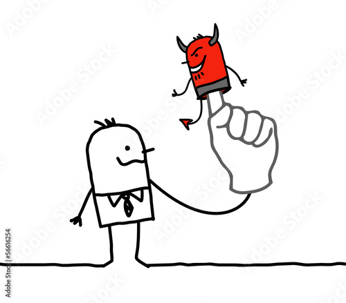 man with puppet devil on finger