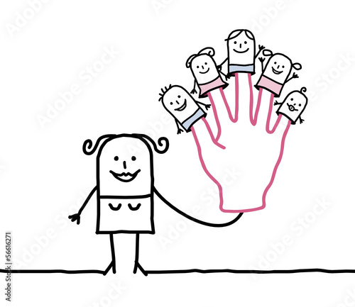 mother with five  puppets children on fingers