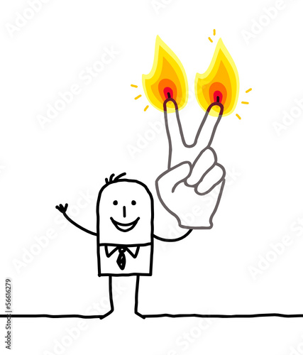 man with two burning fingers