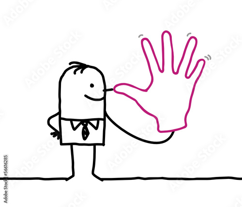 joking businessman with big hand