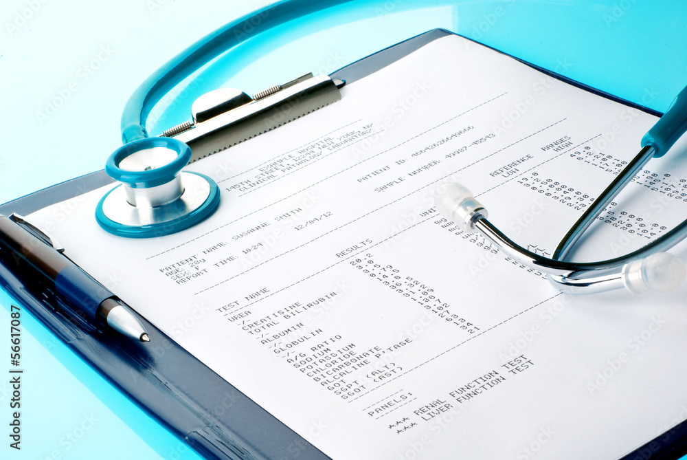 Blood test results with stethoscope in a clipboard Blood test results with stethoscope in a clipboard