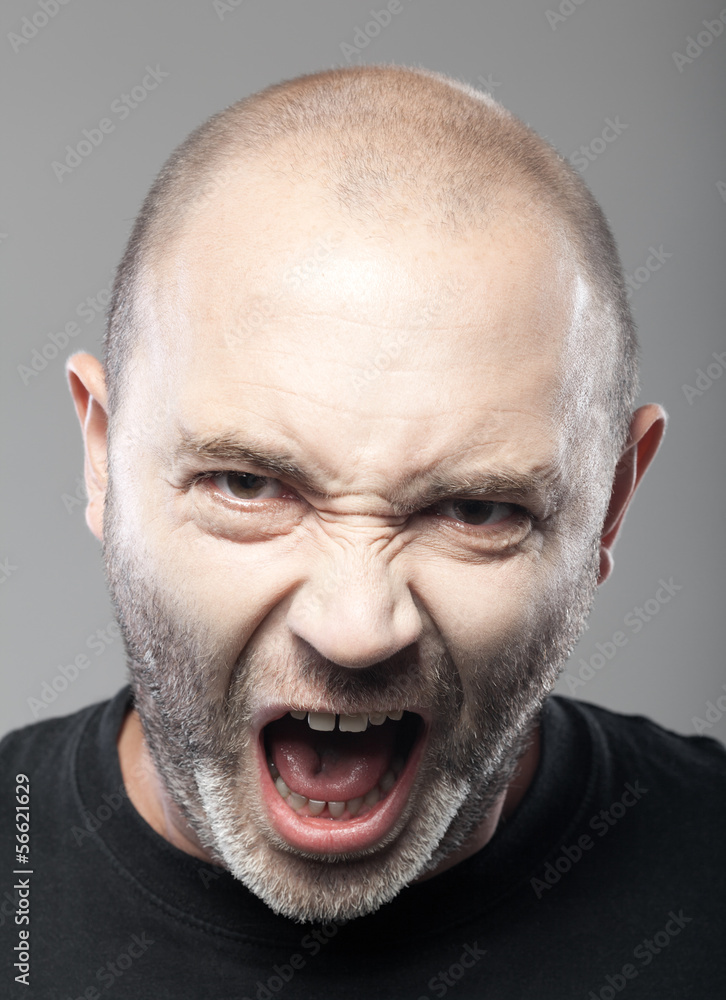 Obraz premium portrait of angry man sreaming isolated on gray background
