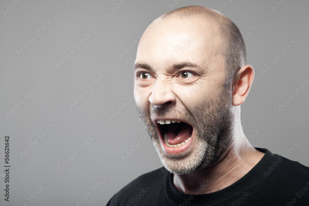 portrait of angry man sreaming isolated on gray background with