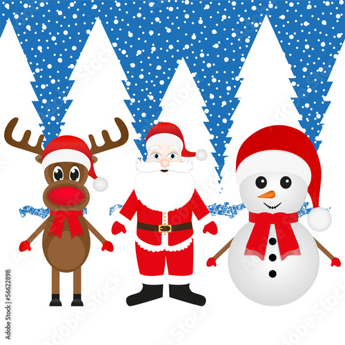 Christmas reindeer, snowman and Santa Claus in a forest