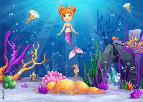 Illustration of the underwater world with and a mermaid.