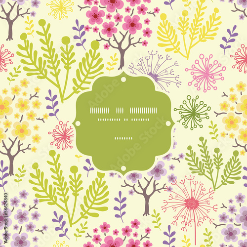 Vector blossoming trees frame seamless pattern background with