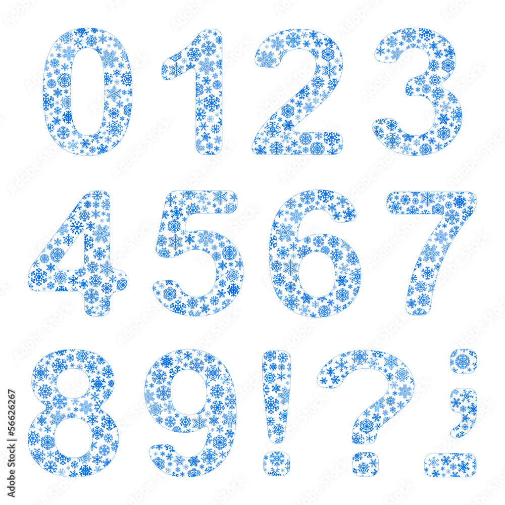 Alphabet from snowflakes, digit 0, 1, 2, 3, 4, 5, 6, 7, 8, 9