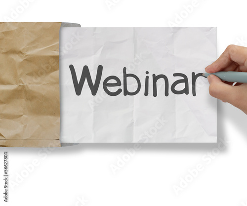 hand writing Webinar with crumpled paper with recycle envelope