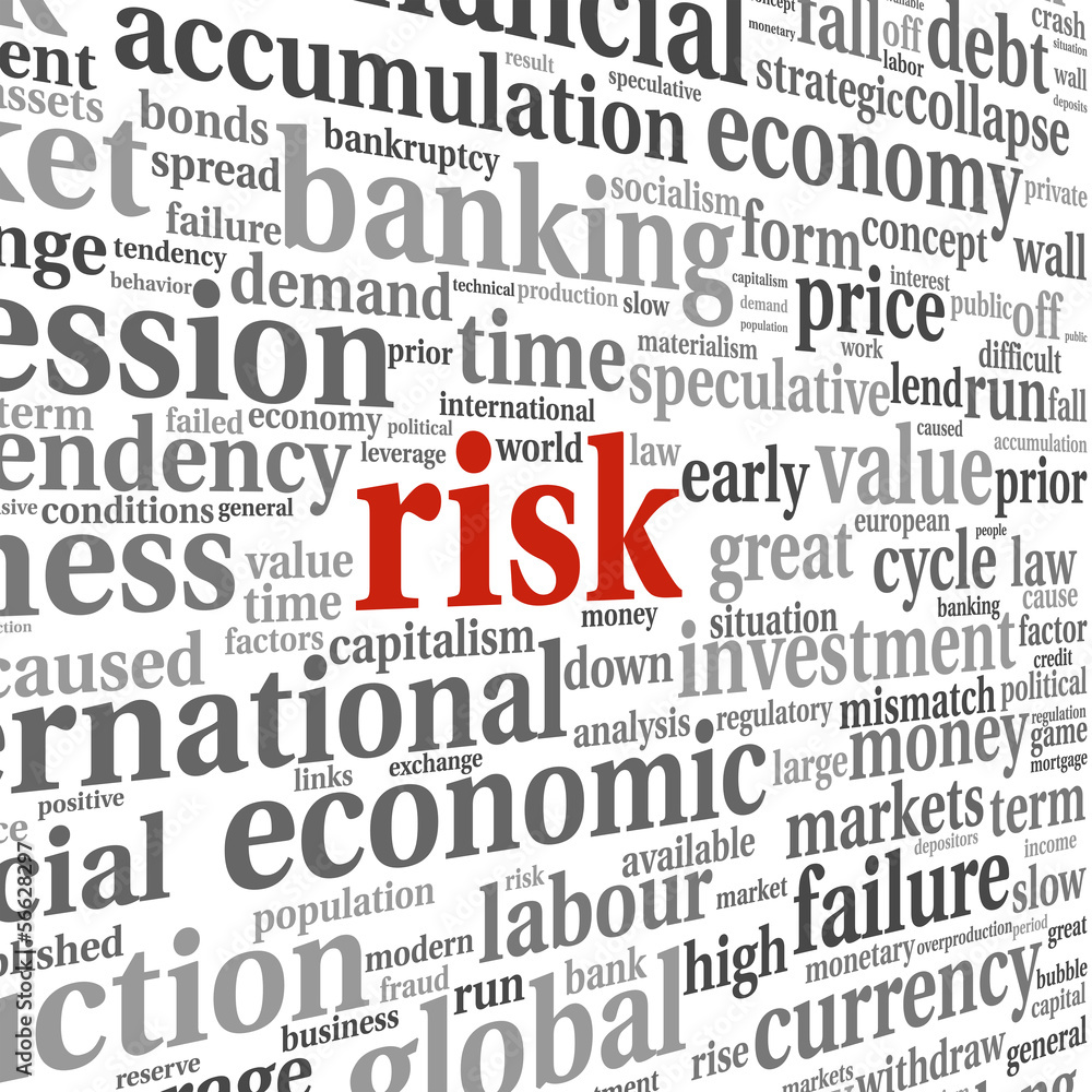 Risk in economy and finance concept in word tag cloud on white b