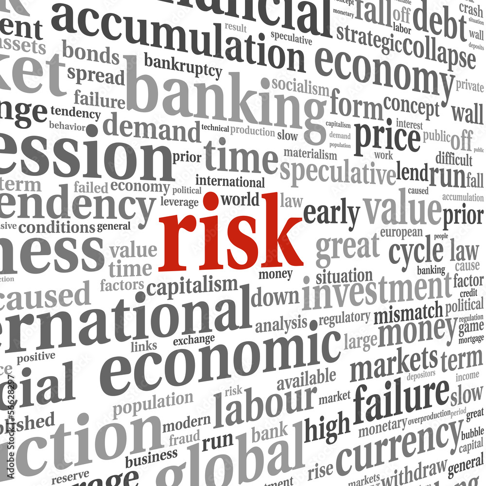Risk in economy and finance concept in word tag cloud on white b Risk in economy and finance concept in word tag cloud on white b