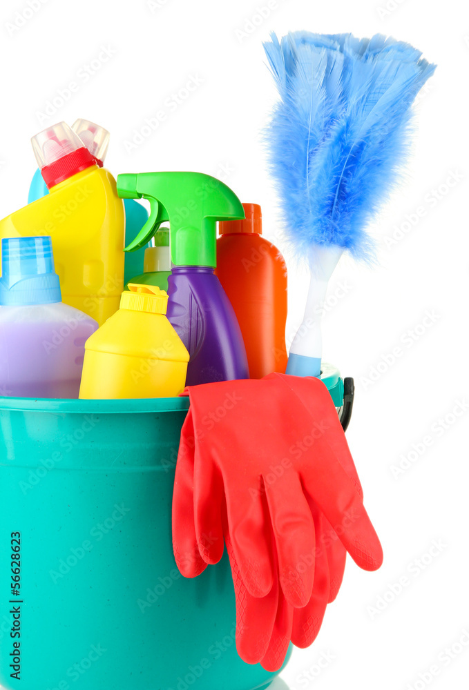 Cleaning items in bucket isolated on white Cleaning items in bucket isolated on white