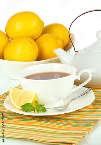 Cup of tea with lemon close-up