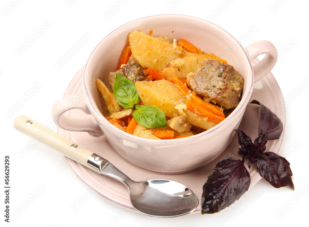 Homemade beef stir fry with vegetables in color bowl, isolated Homemade beef stir fry with vegetables in color bowl, isolated
