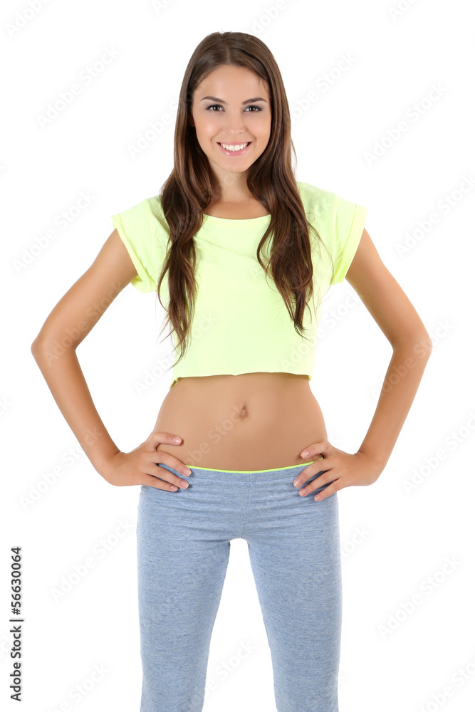 Beautiful young girl doing exercises isolated on white Beautiful young girl doing exercises isolated on white