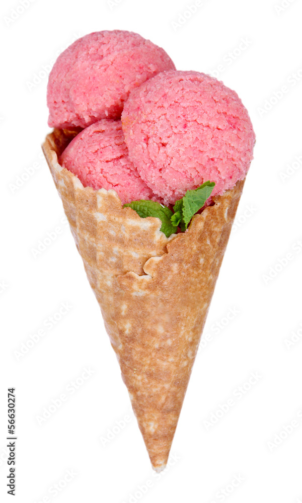 Appetizing pink ice cream with mint in waffle cone isolated Appetizing pink ice cream with mint in waffle cone isolated