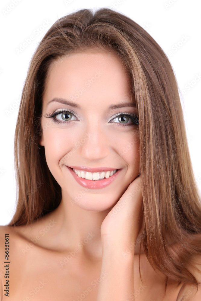 Beautiful girl with gentle makeup and glowing skin close-up Beautiful girl with gentle makeup and glowing skin close-up