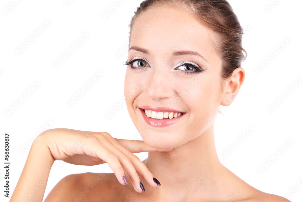 Beautiful girl with glowing skin close-up isolated on white Beautiful girl with glowing skin close-up isolated on white
