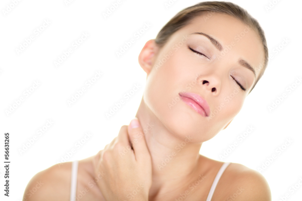 Neck pain muscle stress - Asian woman massaging Neck pain muscle stress - Asian woman massaging