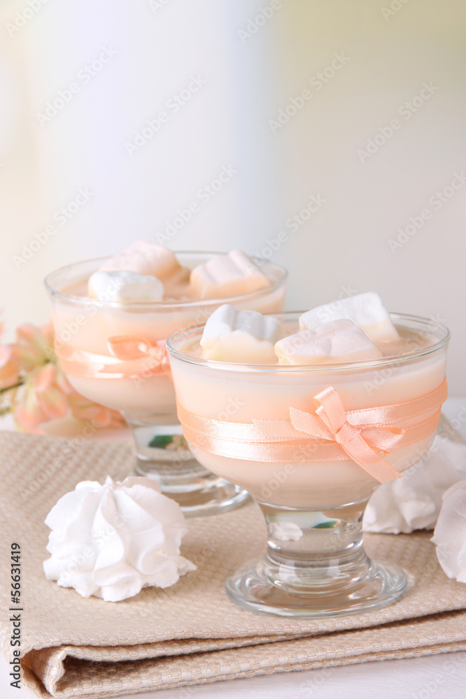 Tasty yogurt with marshmallows, close up Tasty yogurt with marshmallows, close up