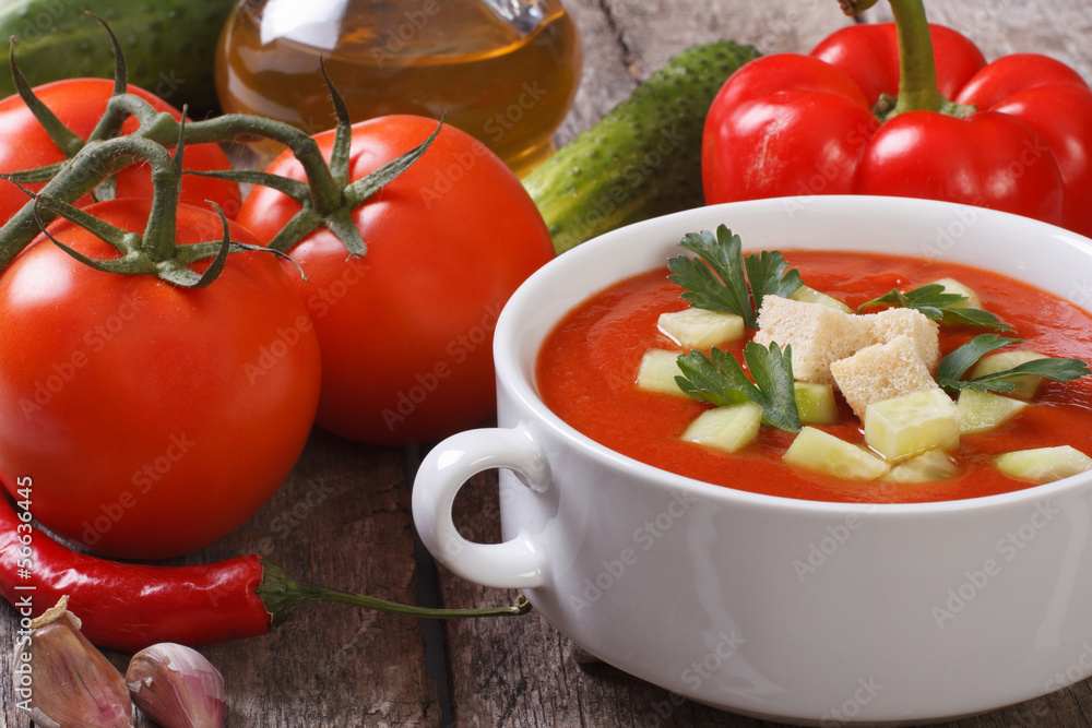 Fresh tomato gazpacho soup with vegetables and oils on the table Fresh tomato gazpacho soup with vegetables and oils on the table
