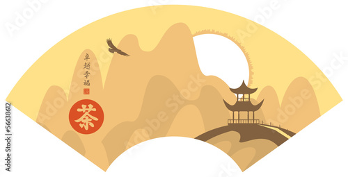 Mountain Chinese landscape with pagoda and eagle