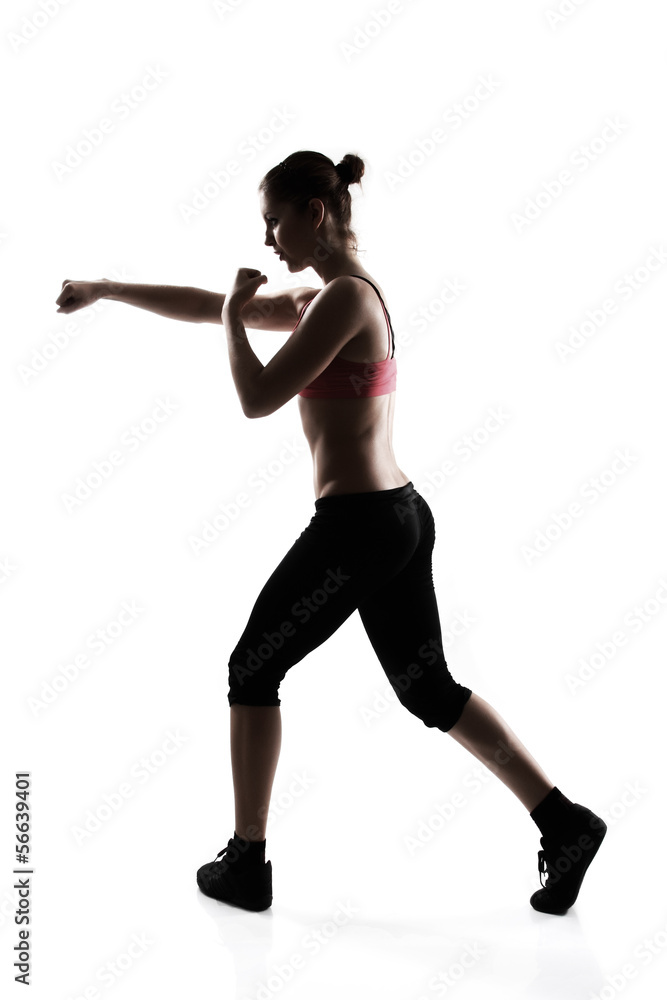 sporty young woman doing martial arts exercise, silhouette