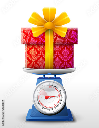 Gift symbol on scale pan. Weighing gift box on scales