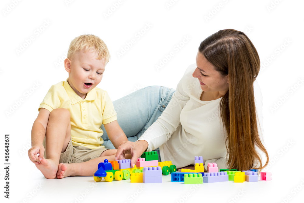 child and his mom play together with block toy child and his mom play together with block toy