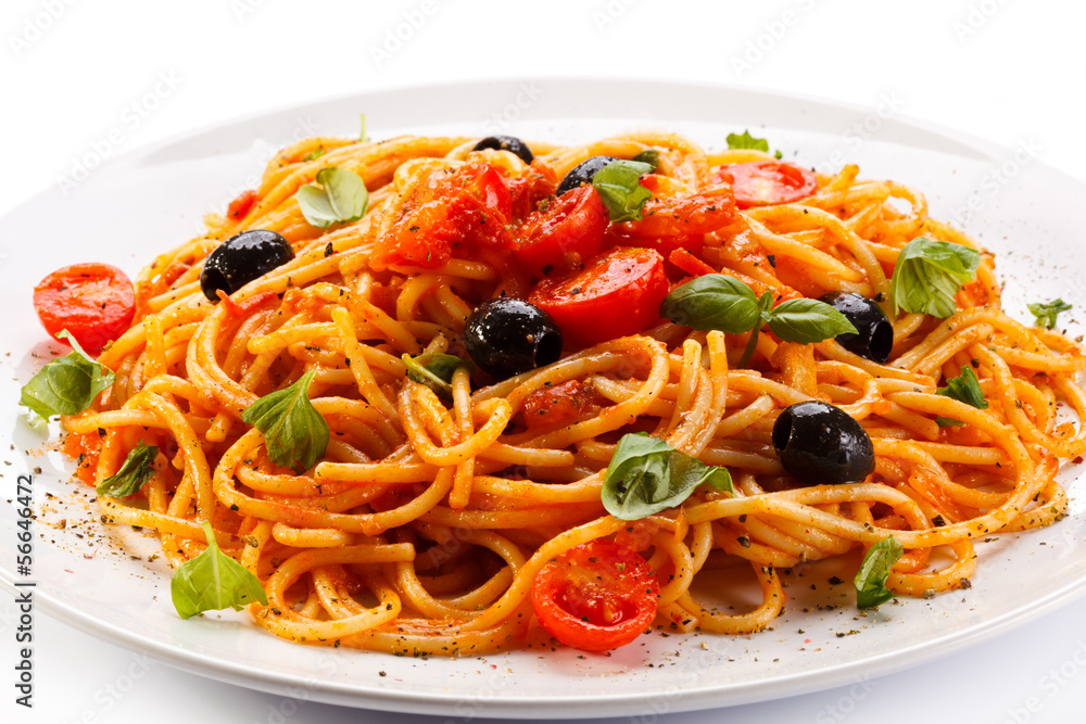 Pasta with meat, tomato sauce, parmesan and vegetables